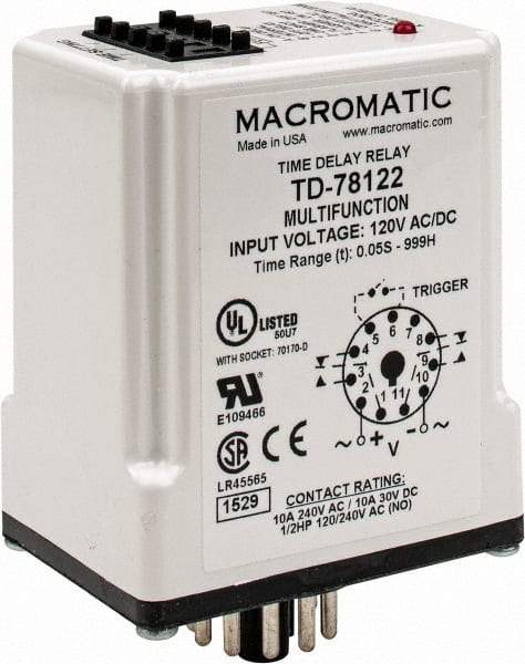 Macromatic - 11 Pin, 999 hr Delay, Multiple Range DPDT Time Delay Relay - 10 Contact Amp, 120 VAC/VDC, Pushbutton Thumbwheel - Exact Industrial Supply