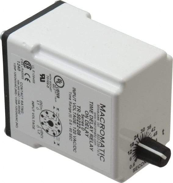 Macromatic - 8 Pin, Multiple Range DPDT Time Delay Relay - 10 Contact Amp, 120 VAC/VDC, Knob - Exact Industrial Supply