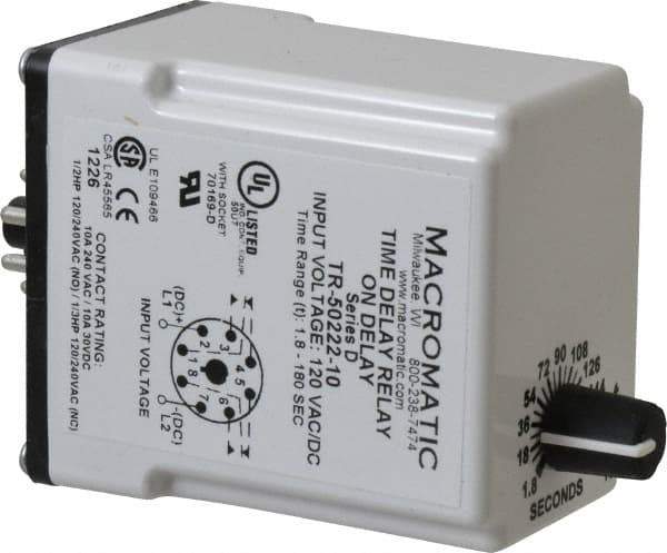 Macromatic - 8 Pin, Multiple Range DPDT Time Delay Relay - 10 Contact Amp, 120 VAC/VDC, Knob - Exact Industrial Supply