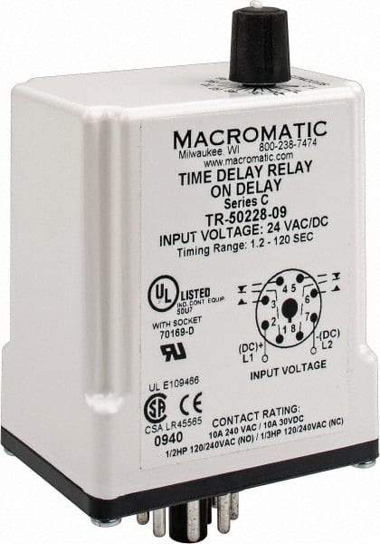 Macromatic - 8 Pin, Multiple Range DPDT Time Delay Relay - 10 Contact Amp, 24 VAC/VDC, Knob - Exact Industrial Supply