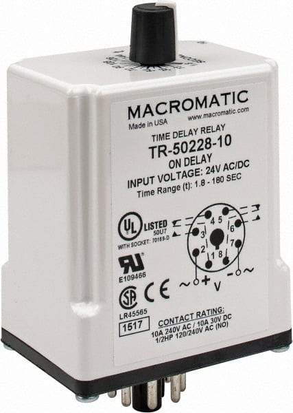 Macromatic - 8 Pin, Multiple Range DPDT Time Delay Relay - 10 Contact Amp, 24 VAC/VDC, Knob - Exact Industrial Supply