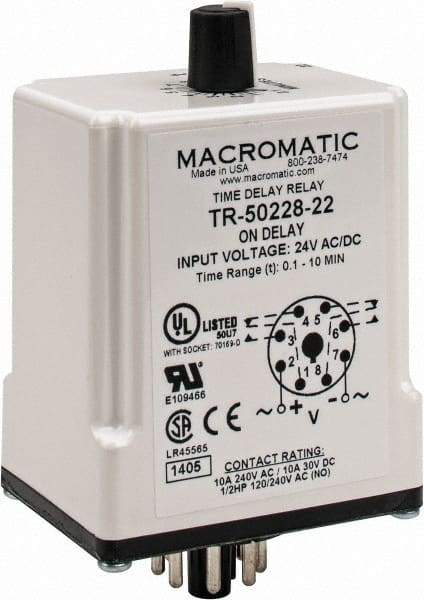 Macromatic - 8 Pin, 10 min Delay, Multiple Range DPDT Time Delay Relay - 10 Contact Amp, 24 VAC/VDC, Knob - Exact Industrial Supply