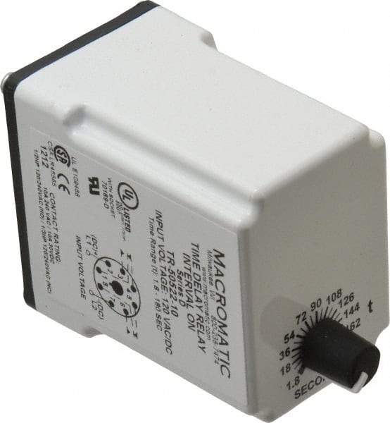 Macromatic - 8 Pin, Multiple Range DPDT Time Delay Relay - 10 Contact Amp, 120 VAC/VDC, Knob - Exact Industrial Supply