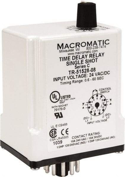 Macromatic - 11 Pin, Multiple Range DPDT Time Delay Relay - 10 Contact Amp, 24 VAC/VDC, Knob - Exact Industrial Supply