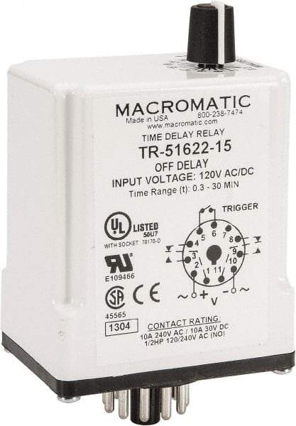 Macromatic - 11 Pin, 0.3 to 30 min Delay, Multiple Range DPDT Time Delay Relay - 10 Contact Amp, 120 VAC/VDC, Knob - Exact Industrial Supply