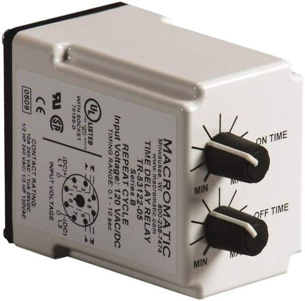 Macromatic - 8 Pin, 10 min Delay, Multiple Range DPDT Time Delay Relay - 10 Contact Amp, 120 VAC/VDC, Knob - Exact Industrial Supply