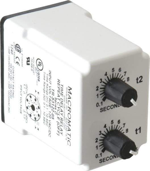 Macromatic - 8 Pin, Multiple Range DPDT Time Delay Relay - 10 Contact Amp, 120 VAC/VDC, Knob - Exact Industrial Supply