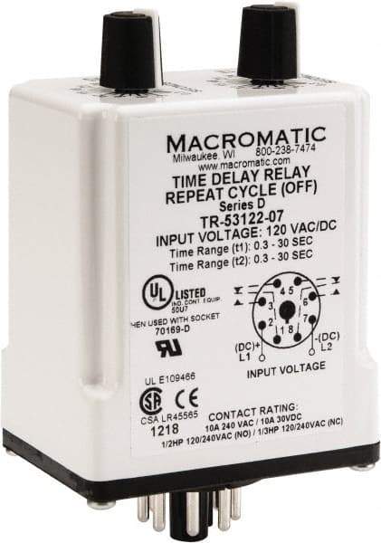 Macromatic - 8 Pin, Multiple Range DPDT Time Delay Relay - 10 Contact Amp, 120 VAC/VDC, Knob - Exact Industrial Supply