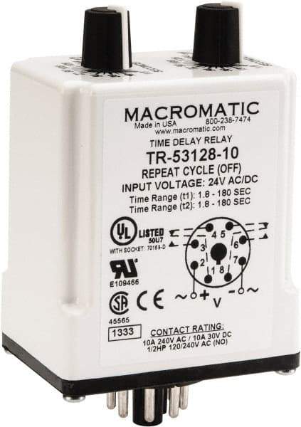 Macromatic - 8 Pin, Multiple Range DPDT Time Delay Relay - 10 Contact Amp, 24 VAC/VDC, Knob - Exact Industrial Supply