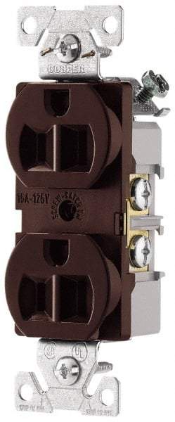 Cooper Wiring Devices - 125 VAC, 15 Amp, 5-15R NEMA Configuration, Brown, Specification Grade, Self Grounding Duplex Receptacle - 1 Phase, 2 Poles, 3 Wire, Flush Mount, Tamper Resistant - Exact Industrial Supply