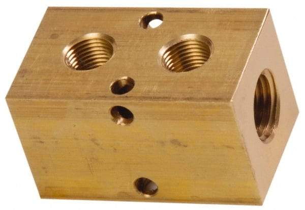 Made in USA - 1/2" Inlet, 3/8" Outlet Manifold - 2-3/4" Long x 1-1/2" Wide x 1-1/2" High, 0.2" Mount Hole, 2 Inlet Ports, 2 Outlet Ports - Exact Industrial Supply