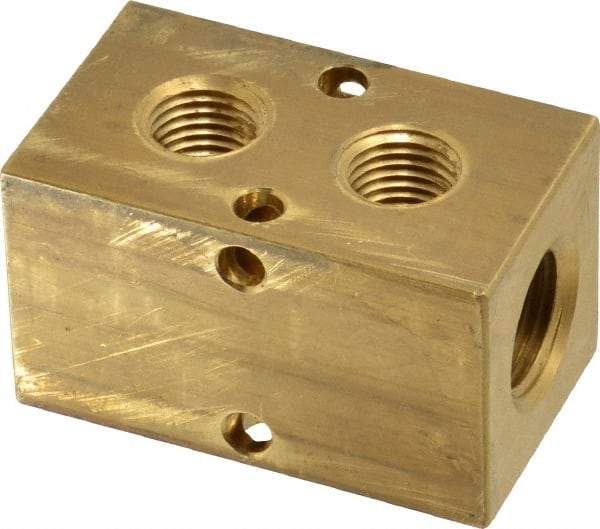 Made in USA - 3/8" Inlet, 1/4" Outlet Manifold - 2.13" Long x 1-1/4" Wide x 1-1/4" High, 0.2" Mount Hole, 2 Inlet Ports, 2 Outlet Ports - Exact Industrial Supply