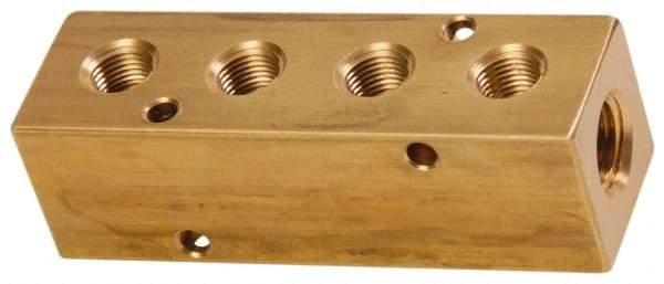 Made in USA - 1/2" Inlet, 3/8" Outlet Manifold - 4-3/4" Long x 1-1/2" Wide x 1-1/2" High, 0.2" Mount Hole, 2 Inlet Ports, 4 Outlet Ports - Exact Industrial Supply