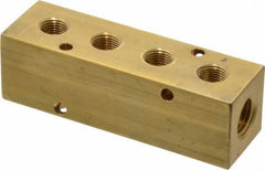 Made in USA - 1/4" Inlet, 1/8" Outlet Manifold - 3-1/4" Long x 1" Wide x 1" High, 0.17" Mount Hole, 2 Inlet Ports, 4 Outlet Ports - Exact Industrial Supply