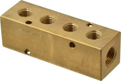 Made in USA - 3/8" Inlet, 1/4" Outlet Manifold - 3.88" Long x 1-1/4" Wide x 1-1/4" High, 0.2" Mount Hole, 2 Inlet Ports, 4 Outlet Ports - Exact Industrial Supply