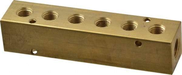 Made in USA - 3/8" Inlet, 1/4" Outlet Manifold - 5.63" Long x 1-1/4" Wide x 1-1/4" High, 0.2" Mount Hole, 2 Inlet Ports, 6 Outlet Ports - Exact Industrial Supply