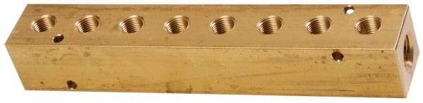 Made in USA - 1/4" Inlet, 1/8" Outlet Manifold - 6-1/4" Long x 1" Wide x 1" High, 0.17" Mount Hole, 2 Inlet Ports, 8 Outlet Ports - Exact Industrial Supply