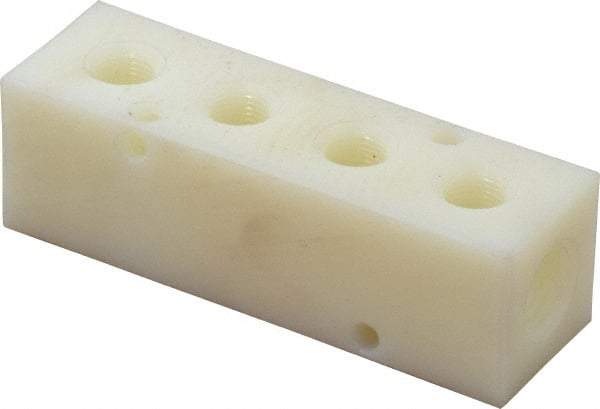 Made in USA - 1/4" Inlet, 1/8" Outlet Manifold - 3-1/4" Long x 1" Wide x 1" High, 0.17" Mount Hole, 2 Inlet Ports, 4 Outlet Ports - Exact Industrial Supply