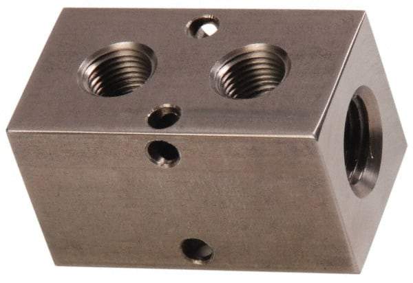 Made in USA - 1/2" Inlet, 3/8" Outlet Manifold - 2-3/4" Long x 1-1/2" Wide x 1-1/2" High, 0.2" Mount Hole, 2 Inlet Ports, 2 Outlet Ports - Exact Industrial Supply