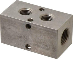 Made in USA - 3/8" Inlet, 1/4" Outlet Manifold - 2.38" Long x 1-1/4" Wide x 1-1/4" High, 0.2" Mount Hole, 2 Inlet Ports, 2 Outlet Ports - Exact Industrial Supply