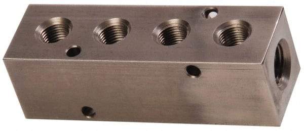 Made in USA - 1/4" Inlet, 1/8" Outlet Manifold - 3-1/4" Long x 1" Wide x 1" High, 0.17" Mount Hole, 2 Inlet Ports, 4 Outlet Ports - Exact Industrial Supply