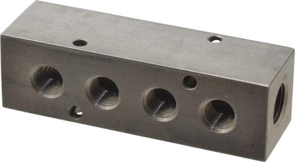 Made in USA - 3/8" Inlet, 1/4" Outlet Manifold - 4.12" Long x 1-1/4" Wide x 1-1/4" High, 0.2" Mount Hole, 2 Inlet Ports, 4 Outlet Ports - Exact Industrial Supply