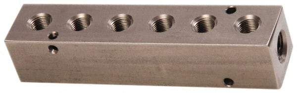 Made in USA - 1/4" Inlet, 1/8" Outlet Manifold - 4-3/4" Long x 1" Wide x 1" High, 0.17" Mount Hole, 2 Inlet Ports, 6 Outlet Ports - Exact Industrial Supply