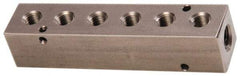 Made in USA - 1/2" Inlet, 3/8" Outlet Manifold - 6-3/4" Long x 1-1/2" Wide x 1-1/2" High, 0.2" Mount Hole, 2 Inlet Ports, 6 Outlet Ports - Exact Industrial Supply
