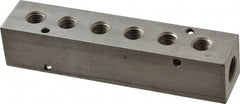 Made in USA - 3/8" Inlet, 1/4" Outlet Manifold - 5.88" Long x 1-1/4" Wide x 1-1/4" High, 0.2" Mount Hole, 2 Inlet Ports, 6 Outlet Ports - Exact Industrial Supply