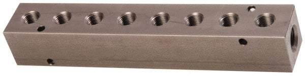 Made in USA - 1/4" Inlet, 1/8" Outlet Manifold - 6-1/4" Long x 1" Wide x 1" High, 0.17" Mount Hole, 2 Inlet Ports, 8 Outlet Ports - Exact Industrial Supply