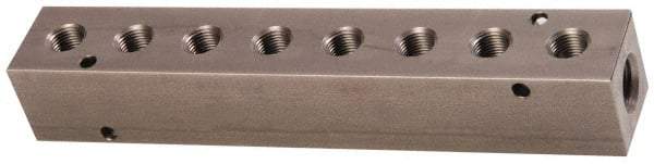 Made in USA - 3/8" Inlet, 1/4" Outlet Manifold - 7.63" Long x 1-1/4" Wide x 1-1/4" High, 0.2" Mount Hole, 2 Inlet Ports, 8 Outlet Ports - Exact Industrial Supply