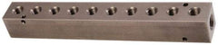 Made in USA - 1/2" Inlet, 3/8" Outlet Manifold - 10-3/4" Long x 1-1/2" Wide x 1-1/2" High, 0.2" Mount Hole, 2 Inlet Ports, 10 Outlet Ports - Exact Industrial Supply