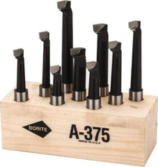 Borite - 5/16 to 7/16" Min Diam, 3/4 to 2-1/4" Max Depth, 3/8" Shank Diam, 2 to 3-1/2" OAL Boring Bar Set - C6 Carbide Tipped, Black Oxide Finish, Right Hand Cut, 9 Piece Set - Exact Industrial Supply