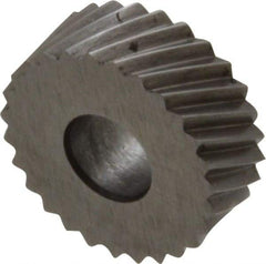 Made in USA - 1/2" Diam, 90° Tooth Angle, 20 TPI, Standard (Shape), Form Type High Speed Steel Right-Hand Diagonal Knurl Wheel - 3/16" Face Width, 3/16" Hole, Circular Pitch, 30° Helix, Bright Finish, Series EP - Exact Industrial Supply