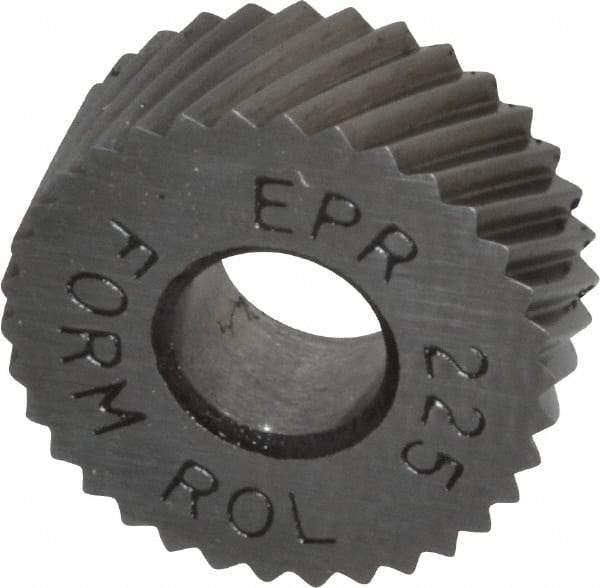 Made in USA - 1/2" Diam, 90° Tooth Angle, 25 TPI, Standard (Shape), Form Type High Speed Steel Right-Hand Diagonal Knurl Wheel - 3/16" Face Width, 3/16" Hole, Circular Pitch, 30° Helix, Bright Finish, Series EP - Exact Industrial Supply