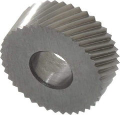 Made in USA - 1/2" Diam, 90° Tooth Angle, 30 TPI, Standard (Shape), Form Type High Speed Steel Right-Hand Diagonal Knurl Wheel - 3/16" Face Width, 3/16" Hole, Circular Pitch, 30° Helix, Bright Finish, Series EP - Exact Industrial Supply
