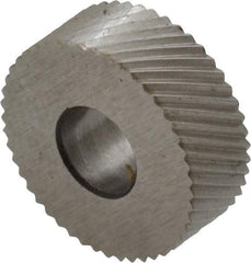 Made in USA - 1/2" Diam, 90° Tooth Angle, 35 TPI, Standard (Shape), Form Type High Speed Steel Right-Hand Diagonal Knurl Wheel - 3/16" Face Width, 3/16" Hole, Circular Pitch, 30° Helix, Bright Finish, Series EP - Exact Industrial Supply