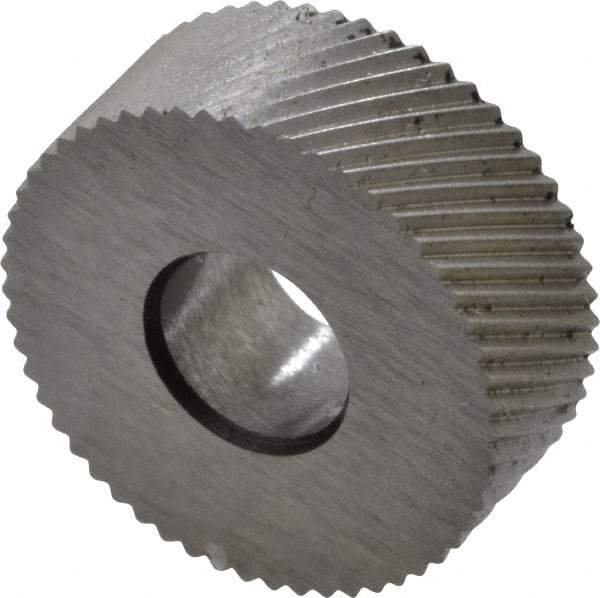 Made in USA - 1/2" Diam, 90° Tooth Angle, 40 TPI, Standard (Shape), Form Type High Speed Steel Right-Hand Diagonal Knurl Wheel - 3/16" Face Width, 3/16" Hole, Circular Pitch, 30° Helix, Bright Finish, Series EP - Exact Industrial Supply