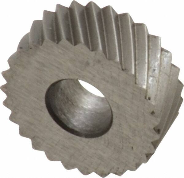 Made in USA - 1/2" Diam, 90° Tooth Angle, 20 TPI, Standard (Shape), Form Type High Speed Steel Left-Hand Diagonal Knurl Wheel - 3/16" Face Width, 3/16" Hole, Circular Pitch, 30° Helix, Bright Finish, Series EP - Exact Industrial Supply