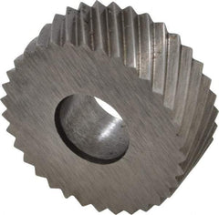 Made in USA - 1/2" Diam, 90° Tooth Angle, 25 TPI, Standard (Shape), Form Type High Speed Steel Left-Hand Diagonal Knurl Wheel - 3/16" Face Width, 3/16" Hole, Circular Pitch, 30° Helix, Bright Finish, Series EP - Exact Industrial Supply