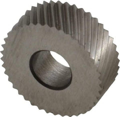Made in USA - 1/2" Diam, 90° Tooth Angle, 30 TPI, Standard (Shape), Form Type High Speed Steel Left-Hand Diagonal Knurl Wheel - 3/16" Face Width, 3/16" Hole, Circular Pitch, 30° Helix, Bright Finish, Series EP - Exact Industrial Supply