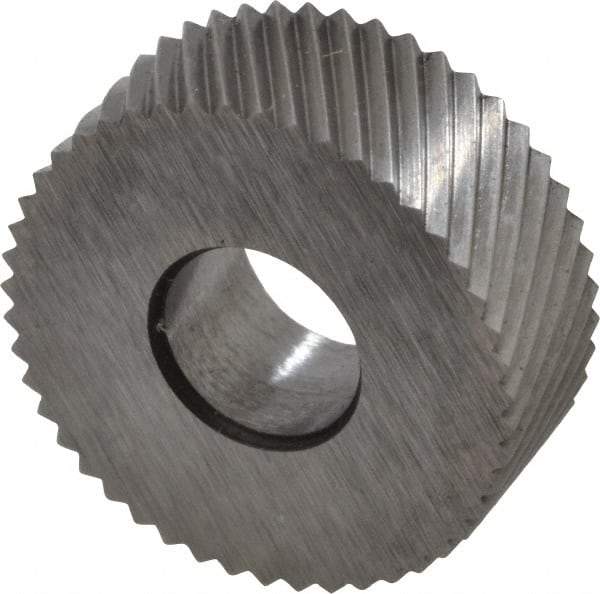 Made in USA - 1/2" Diam, 90° Tooth Angle, 35 TPI, Standard (Shape), Form Type High Speed Steel Left-Hand Diagonal Knurl Wheel - 3/16" Face Width, 3/16" Hole, Circular Pitch, 30° Helix, Bright Finish, Series EP - Exact Industrial Supply