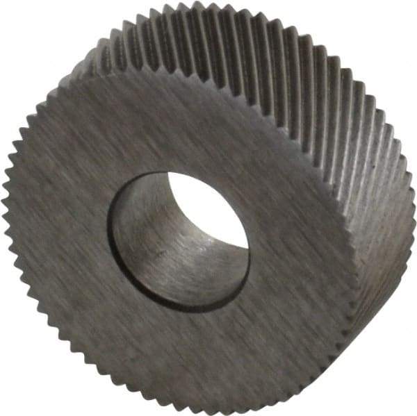 Made in USA - 1/2" Diam, 70° Tooth Angle, 50 TPI, Standard (Shape), Form Type High Speed Steel Left-Hand Diagonal Knurl Wheel - 3/16" Face Width, 3/16" Hole, Circular Pitch, 30° Helix, Bright Finish, Series EP - Exact Industrial Supply