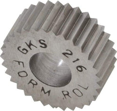 Made in USA - 5/8" Diam, 90° Tooth Angle, 16 TPI, Standard (Shape), Form Type High Speed Steel Straight Knurl Wheel - 1/4" Face Width, 1/4" Hole, Circular Pitch, Bright Finish, Series GK - Exact Industrial Supply