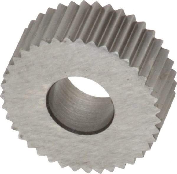 Made in USA - 5/8" Diam, 90° Tooth Angle, 20 TPI, Standard (Shape), Form Type High Speed Steel Straight Knurl Wheel - 1/4" Face Width, 1/4" Hole, Circular Pitch, Bright Finish, Series GK - Exact Industrial Supply