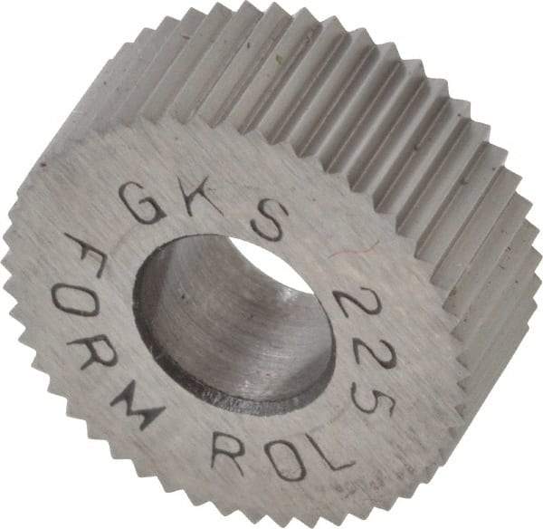 Made in USA - 5/8" Diam, 90° Tooth Angle, 25 TPI, Standard (Shape), Form Type High Speed Steel Straight Knurl Wheel - 1/4" Face Width, 1/4" Hole, Circular Pitch, Bright Finish, Series GK - Exact Industrial Supply