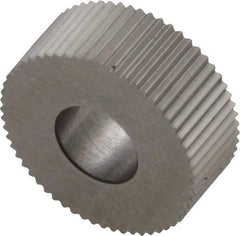 Made in USA - 5/8" Diam, 90° Tooth Angle, 30 TPI, Standard (Shape), Form Type High Speed Steel Straight Knurl Wheel - 1/4" Face Width, 1/4" Hole, Circular Pitch, Bright Finish, Series GK - Exact Industrial Supply