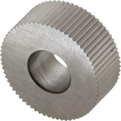 Made in USA - 5/8" Diam, 90° Tooth Angle, 35 TPI, Standard (Shape), Form Type High Speed Steel Straight Knurl Wheel - 1/4" Face Width, 1/4" Hole, Circular Pitch, Bright Finish, Series GK - Exact Industrial Supply