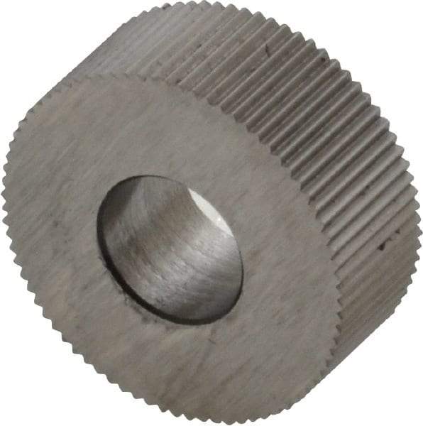 Made in USA - 5/8" Diam, 90° Tooth Angle, 40 TPI, Standard (Shape), Form Type High Speed Steel Straight Knurl Wheel - 1/4" Face Width, 1/4" Hole, Circular Pitch, Bright Finish, Series GK - Exact Industrial Supply