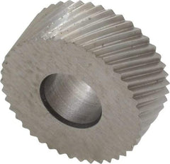 Made in USA - 5/8" Diam, 90° Tooth Angle, 25 TPI, Standard (Shape), Form Type High Speed Steel Right-Hand Diagonal Knurl Wheel - 1/4" Face Width, 1/4" Hole, Circular Pitch, 30° Helix, Bright Finish, Series GK - Exact Industrial Supply